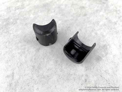 Original Hungarian M52 or M48 military surplus Mosin-Nagant rifle forend nose cap shown with its mounting screw. 