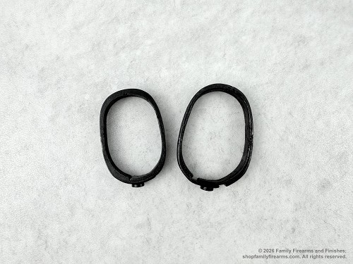 Rare matching military surplus Mosin Nagant front and rear barrel band set with interlocking button design. 